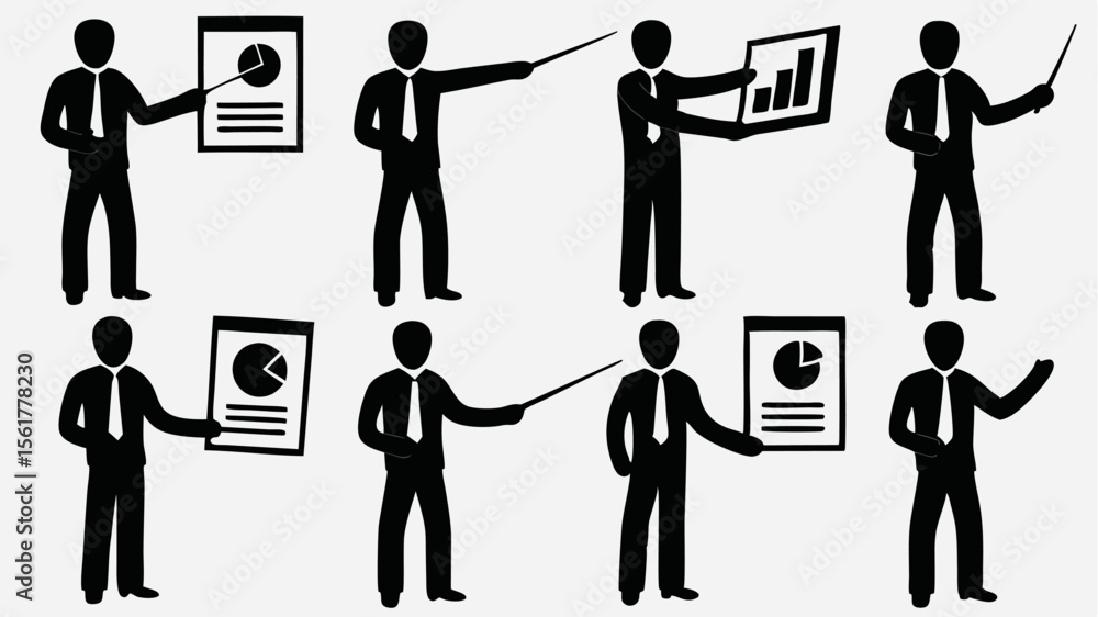 Poster silhouette figures presenting data with charts and pointers in a business setting display for presen