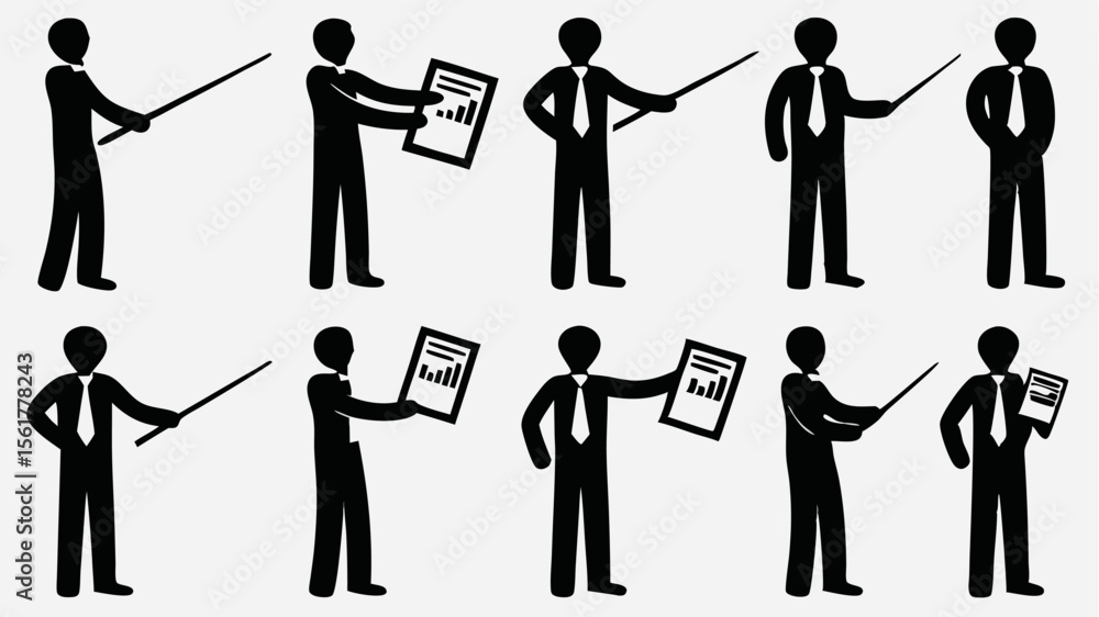 Aufkleber illustration of several business people in suits presenting with pointers and documents showing char