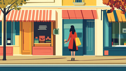 Shopping Street Stroll: A woman in a coat explores a vibrant streetscape, drawn into the charming ambiance of the shops and surrounding urban landscape, carrying shopping bags. 