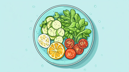 Vibrant Veggie Salad: A colorful illustration of a fresh and healthy salad featuring sliced zucchini, cherry tomatoes, lemon, and parsley on a light blue plate.