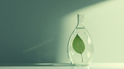 Purity and Preservation: A pristine leaf encased within a glass bottle, symbolizing the delicate balance of nature and a commitment to sustainable living.