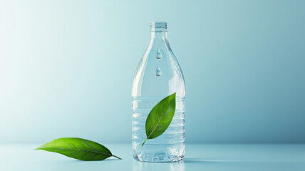 Fresh hydration: A transparent water bottle with a vibrant green leaf inside and one on the side, set against a soft blue gradient.