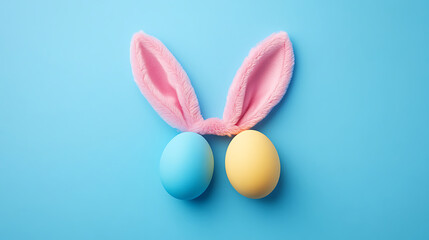 Playful easter composition bunny ears and colored eggs on blue background studio shot happy spring holiday celebration pastel theme with copy space