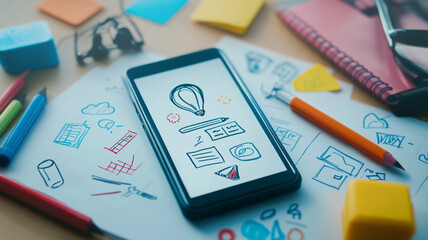 Modern App Development: A smartphone displaying a conceptual sketch amidst artistic stationery, illustrating the digital age.