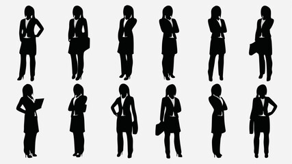 Silhouette of businesswomen in various poses standing with confidence and professional attire shown