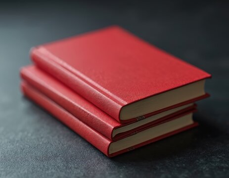 Stack red hardcover books on dark background. Books represent reading, education, knowledge. Ideal for study, library, office, design templates. Publishing concept evokes sense of learning, culture,