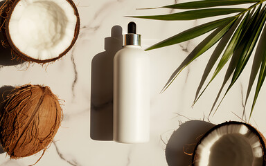 A white bottle with a black dropper top filled with coconut oil is displayed on a marble surface with coconut halves and palm leaves, creating a summery and tropical scene