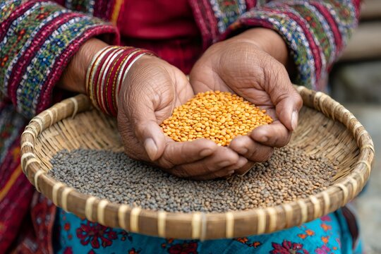 Woman farmer holding orange lentils in her hands over a wicker basket