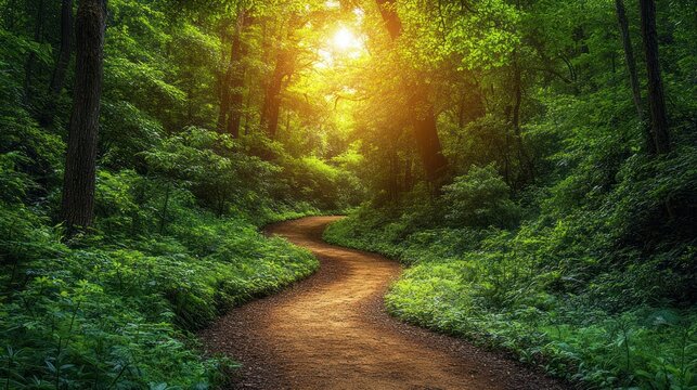 Sunlit path winds through lush forest