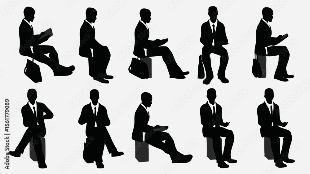 Poster silhouettes of seated business people in various poses against a light background in a pattern forma