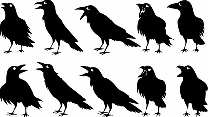 Silhouette illustration of ten crows standing and cawing in various positions and orientations