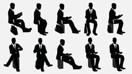 Silhouettes of seated business people in various poses against a light background in a pattern format