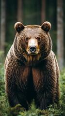Fototapeta premium Brown bear standing in a forest surrounded by greenery. Suitable for articles about wildlife and ecology.