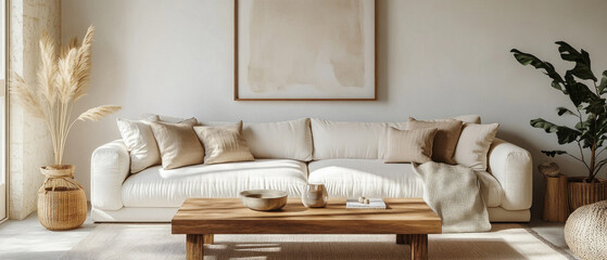 Modern living room with beige sofa and wooden coffee table, decorated with plants and neutral colors. Suitable for articles about interior design and home decor.