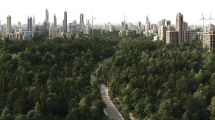 Fototapeta premium Green City Skyline Above Forest Road