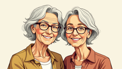 Smiling elderly women with gray hair wearing glasses