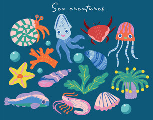 Set of colorful cartoon sea creatures Includes squid, crab, jellyfish, fish, sea stars, shells, seaweed, corals, and bubbles in playful and bright style