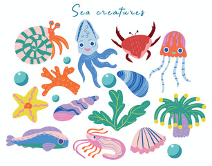 Set of colorful cartoon sea creatures Includes squid, crab, jellyfish, fish, sea stars, shells, seaweed, corals, and bubbles in playful and bright style