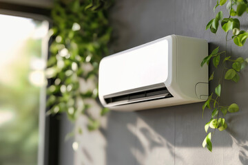 Close-up view of modern air conditioner in stylish home interior with natural light and greenery