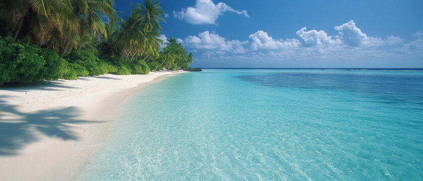 Tropical beach with palm trees and turquoise water, useful for advertising tourist destinations and vacations.