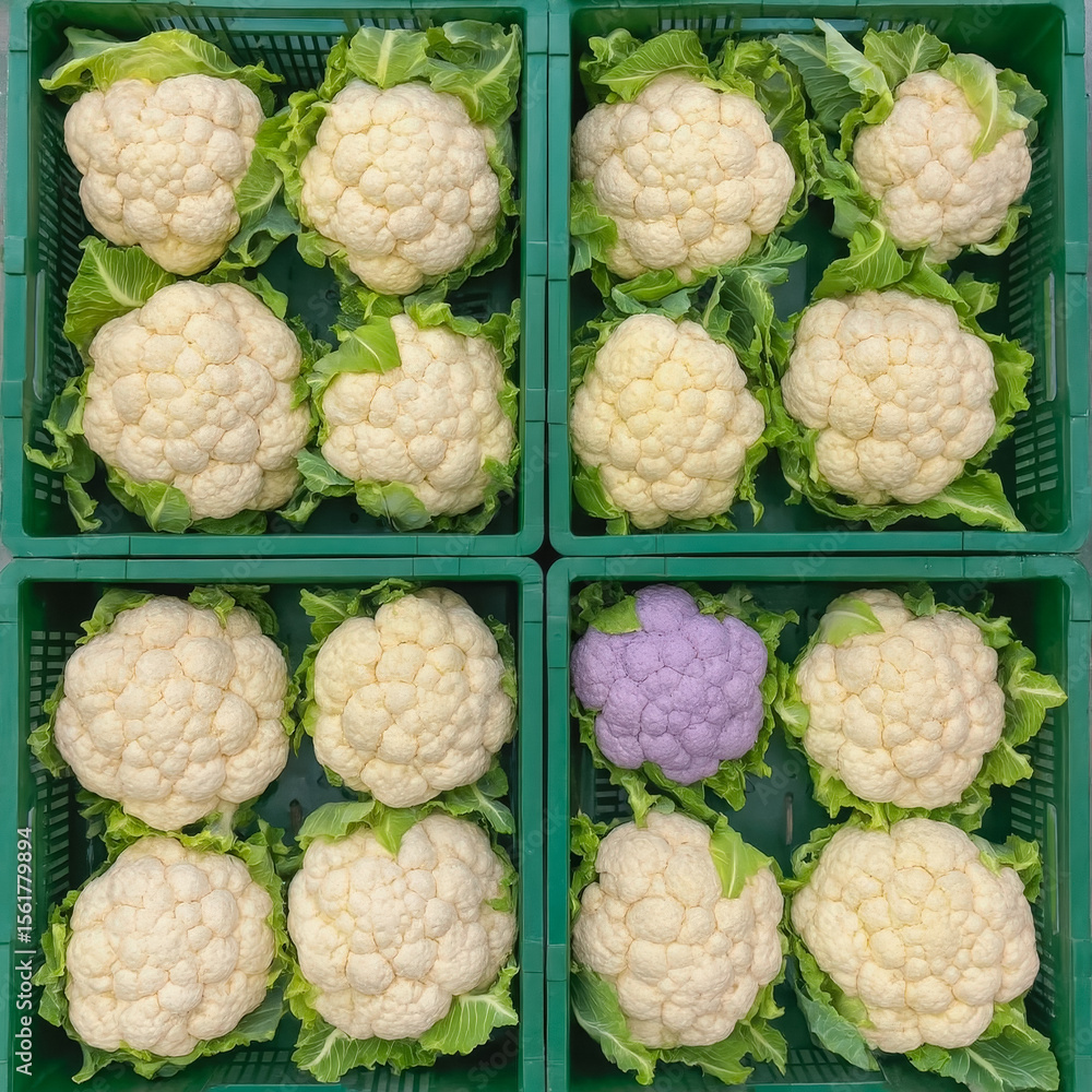 Aufkleber freshly harvested cauliflowers arranged in crates at a local farmers market in autumn