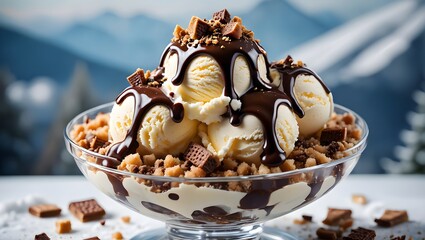 Delicious vanilla ice cream sundae with chocolate sauce and candy pieces dessert photography
