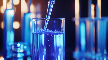 Close-up view of a lab beaker with vibrant blue liquid and pipette in a medical laboratory setting