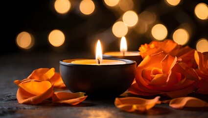 Romantic candle light with orange rose petals and bokeh background perfect for relaxation spa