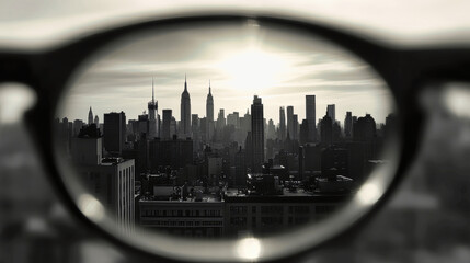 Glasses framing a blurred New York City skyline, capturing clear vision and urban beauty
