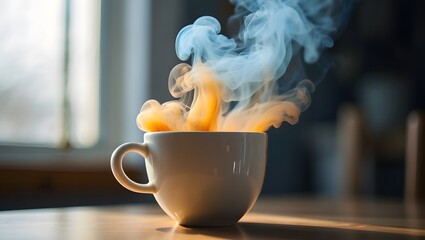 Steaming hot coffee cup on wooden table, morning coffee, hot beverage, cozy drink, coffee break