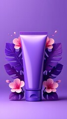Purple skincare product tube mockup with flowers and leaves for beauty brand marketing design