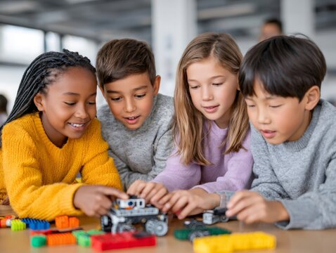 Elementary school students building robot from colorful blocks in stem class