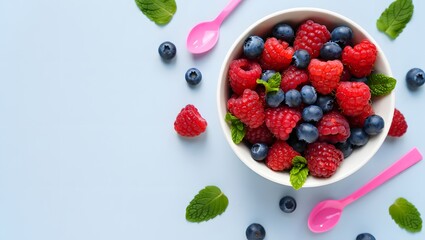 Delicious and healthy berry bowl with raspberries and blueberries for breakfast or snack time