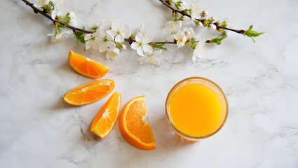 Fresh orange juice with orange slices and white blossoms on marble background top view flat lay