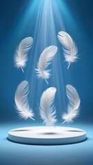 White feathers floating gently on a blue background product display podium showcasing lightness concept