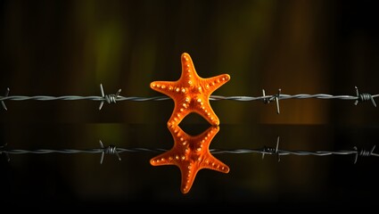Starfish on barbed wire fence abstract art ocean life marine biology conceptual photography