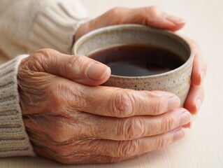 Close-up of elderly hands holding warm ceramic cup of coffee, symbolizing comfort, warmth, and calm moments.