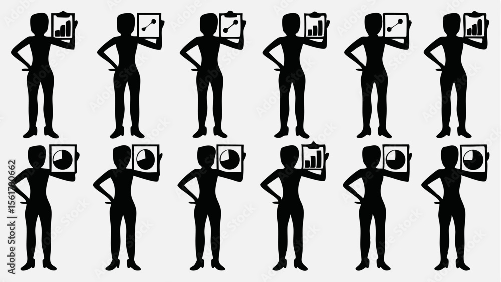 Poster silhouetted figures holding charts and graphs showing business and financial data reports and statis