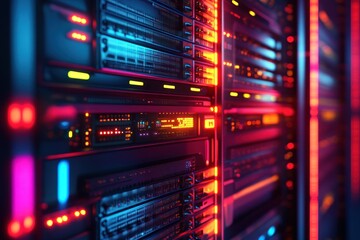 Fototapeta premium Colorful server racks in a data center at night