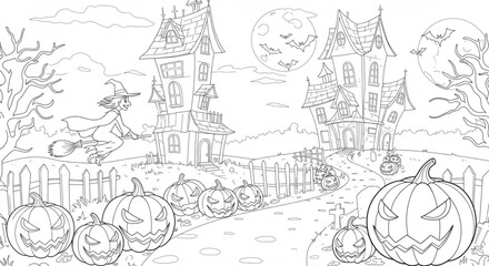 Spooky Halloween Coloring Page Witch, Haunted Houses, and Pumpkins