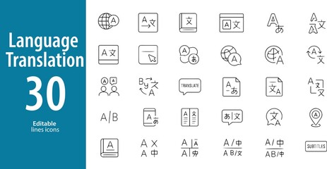 Language Translation Line Icons, Dictionary, Chat Bubbles, Translate App, Multilingual Communication, Global Language, Document Translation, and More, Editable Formats: AI, EPS, JPG, PNG, 