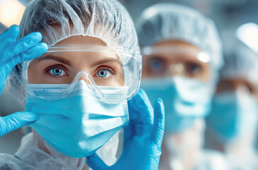 Medical team in protective gear prepares for duty as one doctor adjusts her mask in a hospital setting