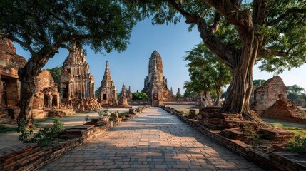 Obraz premium Tranquil Pathway to Ancient Ayutthaya Temples Framed by Majestic Trees