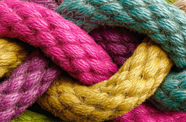Colorful knotted ropes symbolize unity and strength in the fight against cancer with an artistic touch