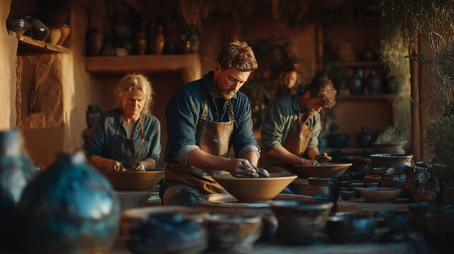 Artisans Creating Vibrant Pottery in a Sunlit Studio