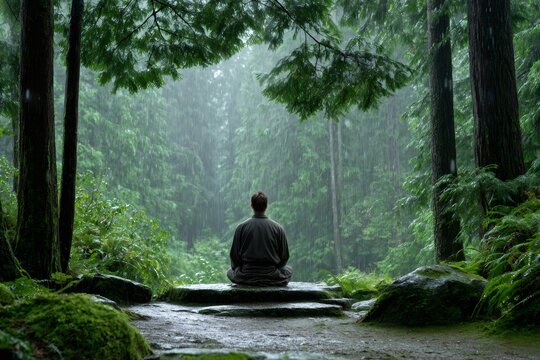 Monk meditating in the rain in a lush forest - Powered by Adobe