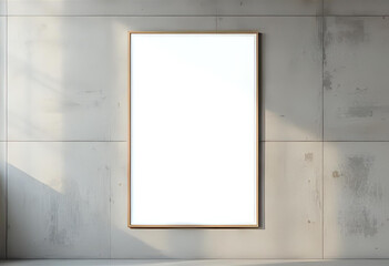 A blank vertical poster on textured concrete wall, soft ambient light, minimal and modern branding mockup ideal for interior design or gallery display.