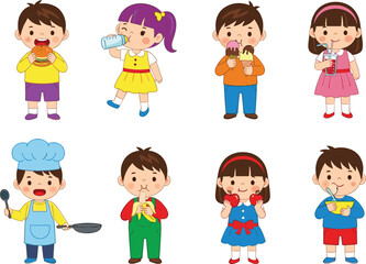 Cartoon kids eating and cooking food, cad drawing flat vector illustration, diverse children holding snacks, chef hat, playful meal sketch
