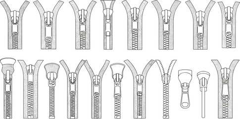 CAD, drawing, flat, vector, illustration, zipper, technical, template, apparel, design, fashion, slider, teeth, metal, plastic, puller, hardware, row, comparison, elements