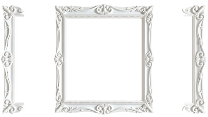 White ornate antique picture or photo frame isolated over a transparent background cut-out empty bla